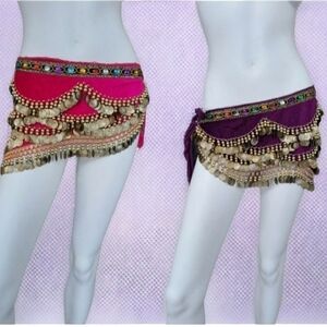 Bellylady set of 2 Belly dance skirt gold coin hip scarf with rhinestones